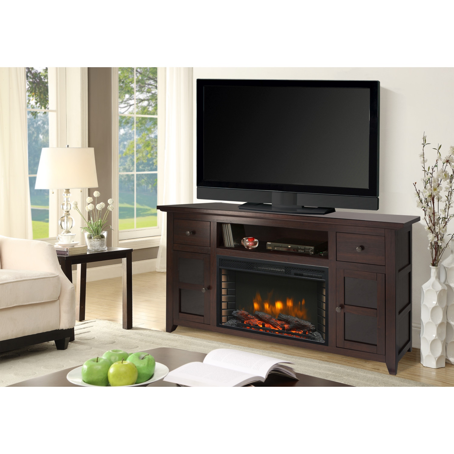 Dark walnut tv stand with fireplace shop