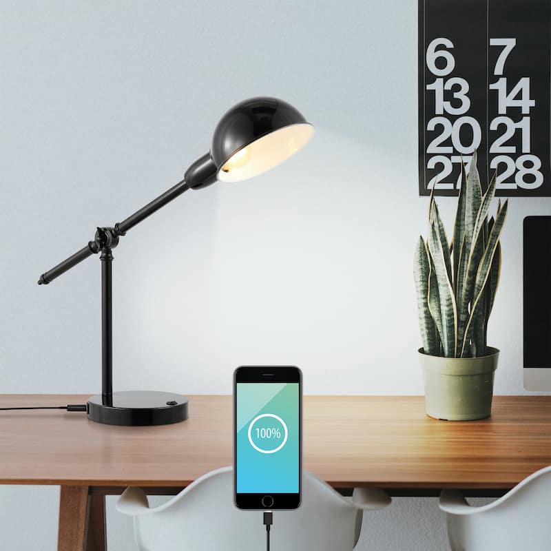 Allegra 20.25" Vintage Industrial Iron Adjustable Dome Shade LED Task Lamp with USB Charging Port, by JONATHAN Y