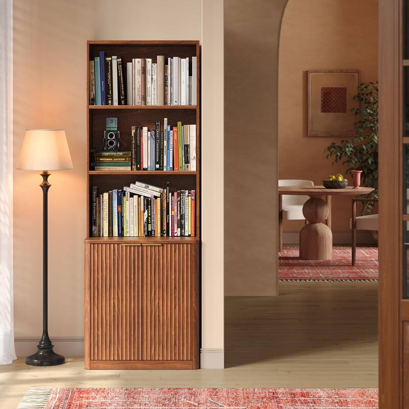 71" Oak Bookcase with Doors, 5-Tier Fluted Tall Bookshelf with Storage