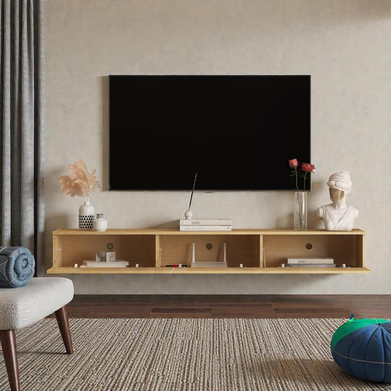 69" Floating TV Stand Wall Mounted with 16 Color LED Lights, Modern TV Cabinet for 55-65 Inch TVs