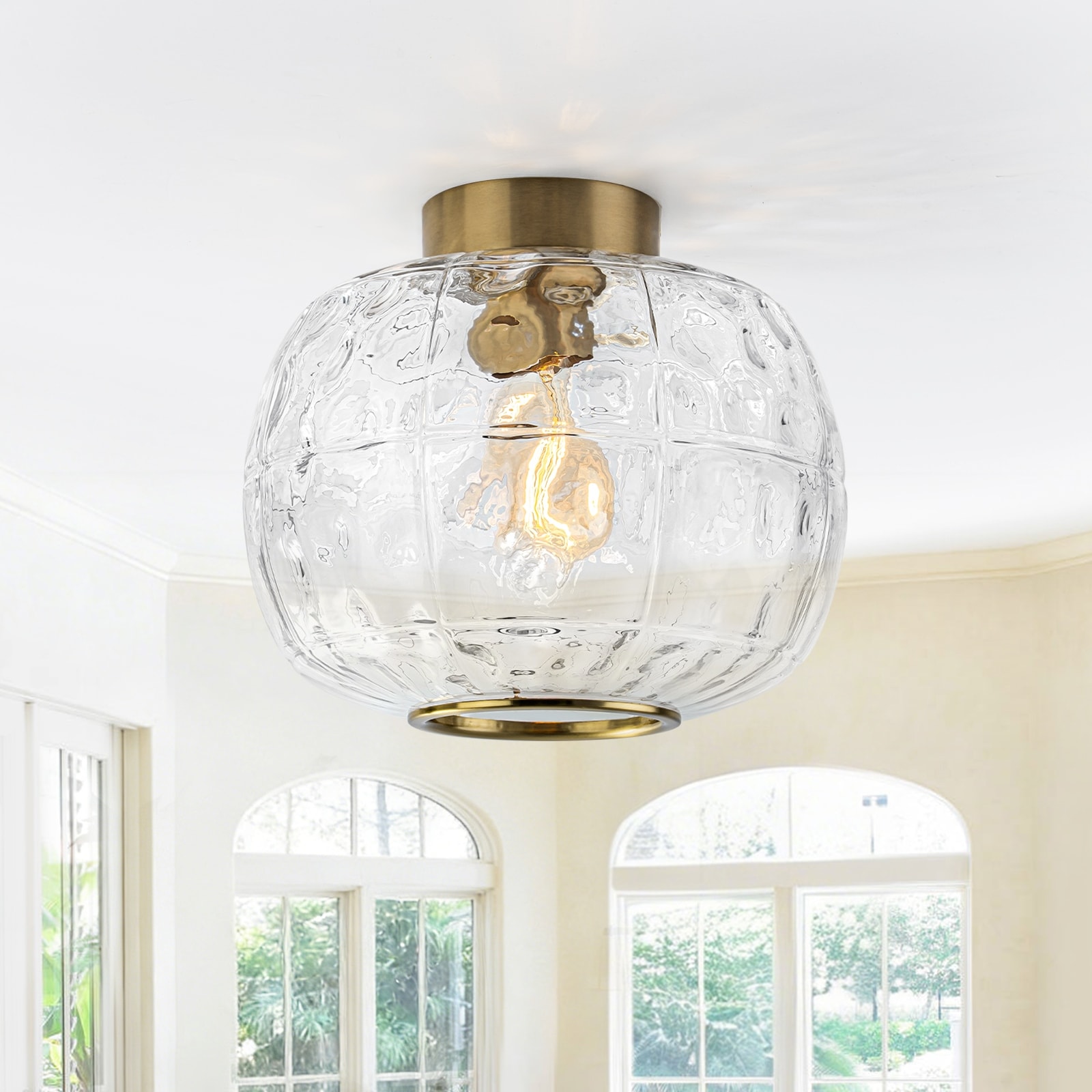 Modern Drum Flush Mount Ceiling Light Clear Textured Glass Shade - Dia.11.81inch