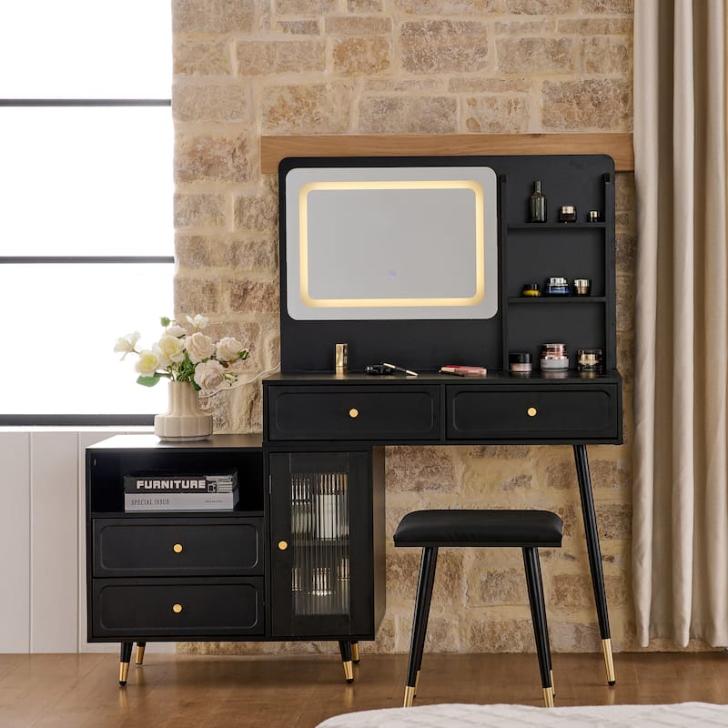 Modern Makeup Vanity Desk with Mirror,Lights and Drawers and Cabinet