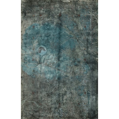 Hand Knotted Oriental Viscose Silk Carpet Modern Pictorial Greys & Charcoal Abstract Area Rug - 7' 10'' X 5' 7''
