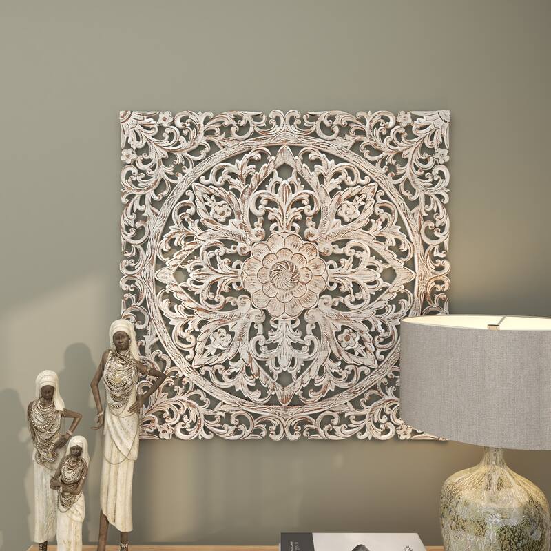White Wood Handmade Intricately Carved Mandala Floral Home Wall Decor with Brown Distressing