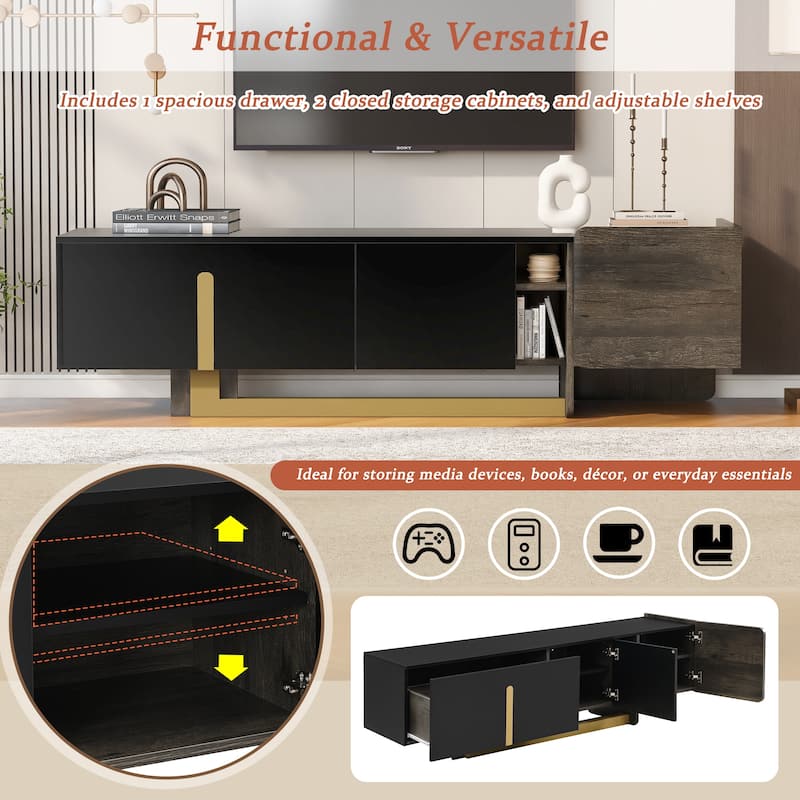 66.7" Light Luxury TV Stand for TVs up to 70 Inches, Modern TV Cabinet with Metal Legs,1 Drawer, 2 Cabinets