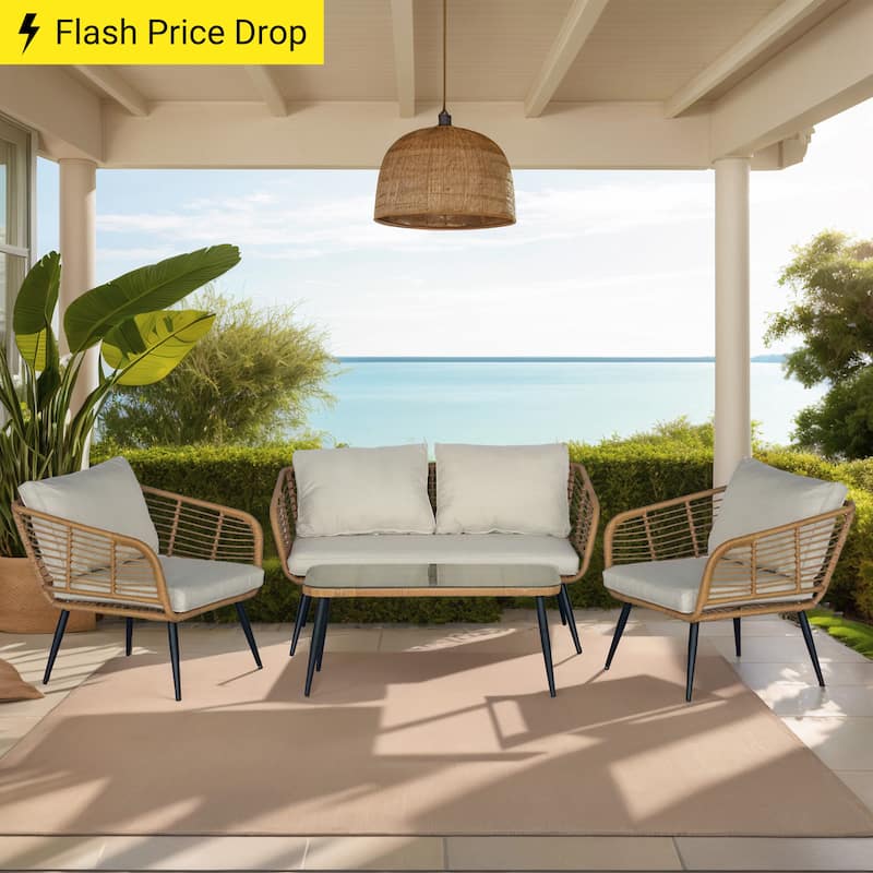 4-Piece Outdoor Patio Furniture Set with Cushions & Tempered Glass Table, Rattan Bistro Set for Garden, Porch, Backyard
