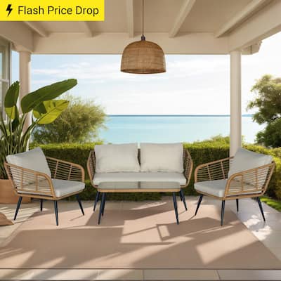 4-Piece Outdoor Patio Furniture Set with Cushions & Tempered Glass Table, Rattan Bistro Set for Garden, Porch, Backyard
