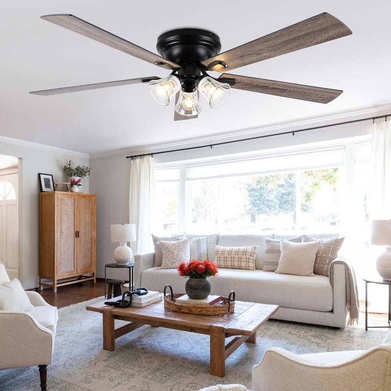 Bella Depot 52" 3-Light Brown Flush Mount Ceiling Fan with Light and Remote Control 6-speed Reversible Timer DC Motor