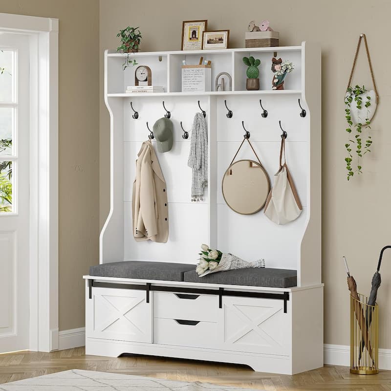Hall Tree With Bench And Shoe Storage Coat Rack Barn Door