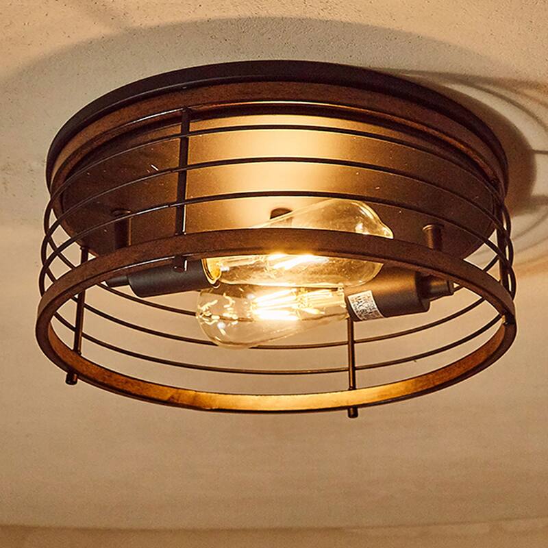 2 Light 13" Caged Drum Farmhouse Flush Mount - 13"x5.85"