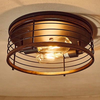 2 Light 13" Caged Drum Farmhouse Flush Mount - 13"x5.85"