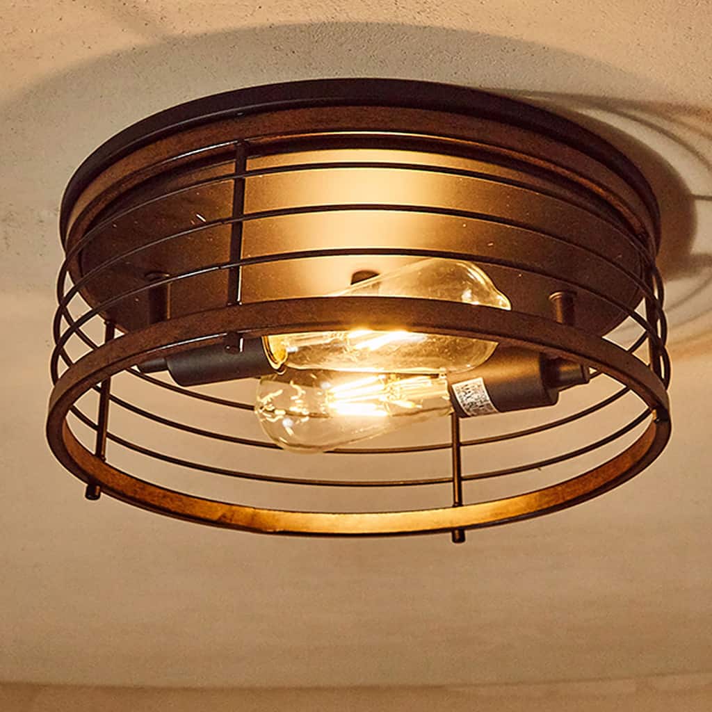 2 Light 13" Caged Drum Farmhouse Flush Mount - 13"x5.85"