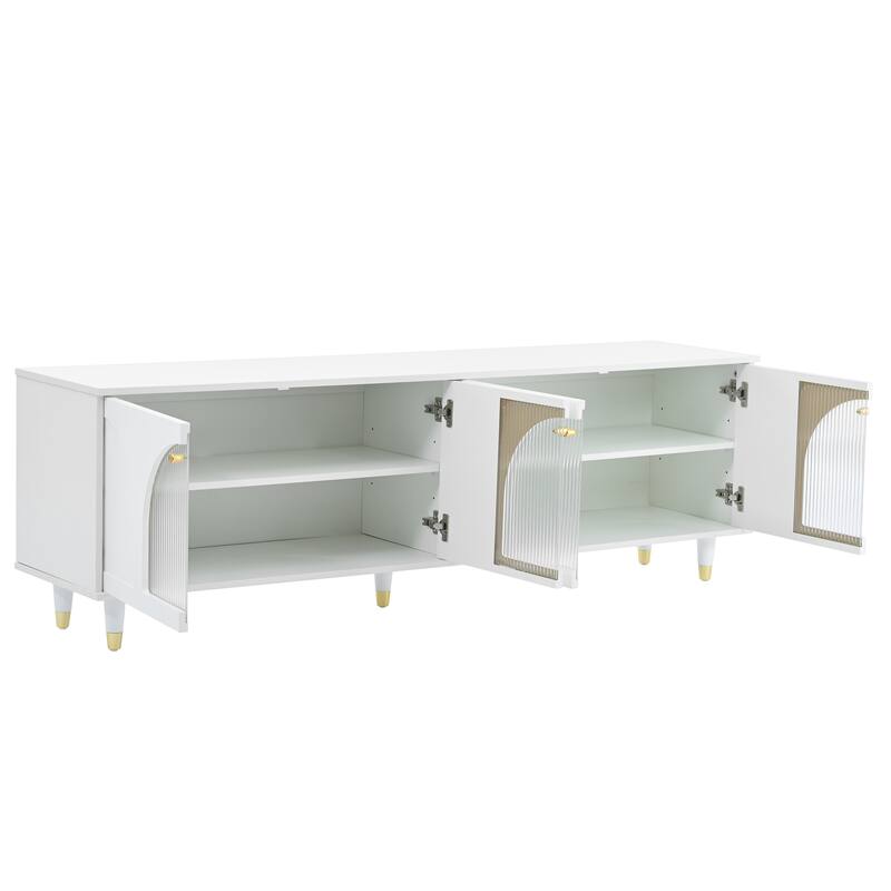 Mieres TV Stand for TVs Up to 78", Entertainment Center with Adjustable Shelves, Gold Handles and Arch Fluted Glass Doors - L-White