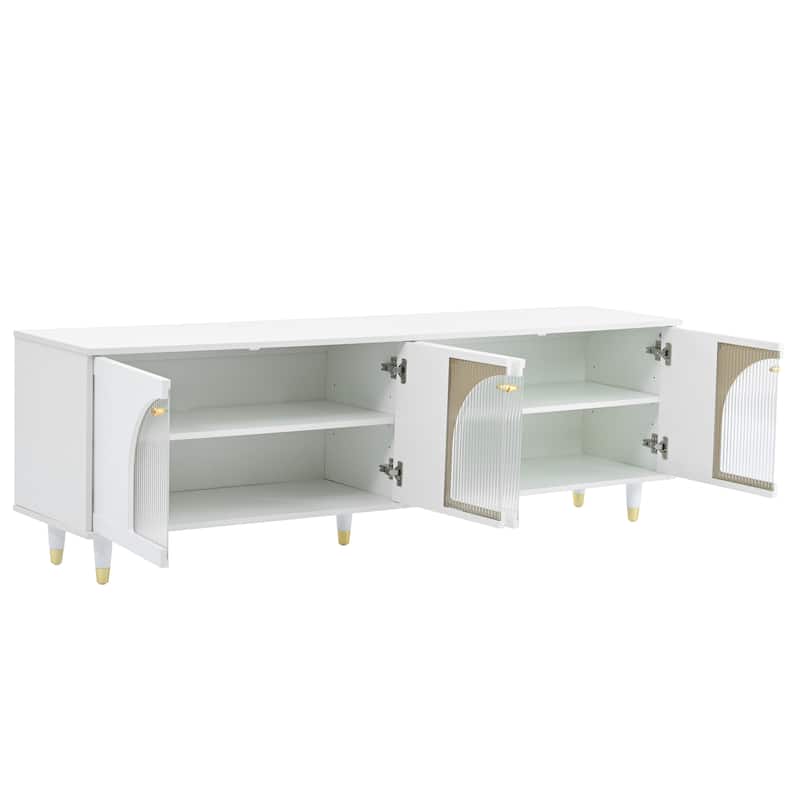 White 69" TV Stand with Shelves, Gold Handles & Glass Doors for TVs Up to 78"