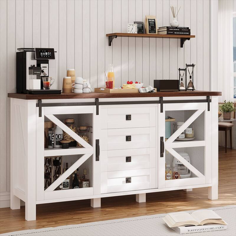 Meyreso Farmhouse Sideboard Buffet Cabinet Wood Coffee Bar Table with Storage for Kitchen