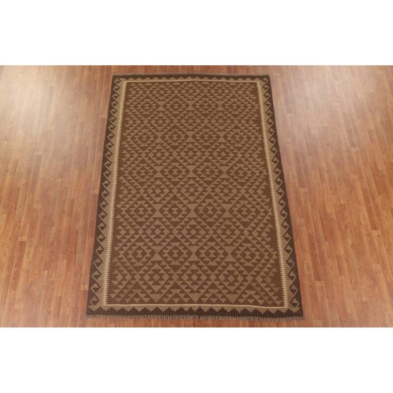 Hand Woven Oriental 100% Wool Carpet Southwestern Geometric Brown Kilim Area Rug - 9' 6'' X 6' 6''