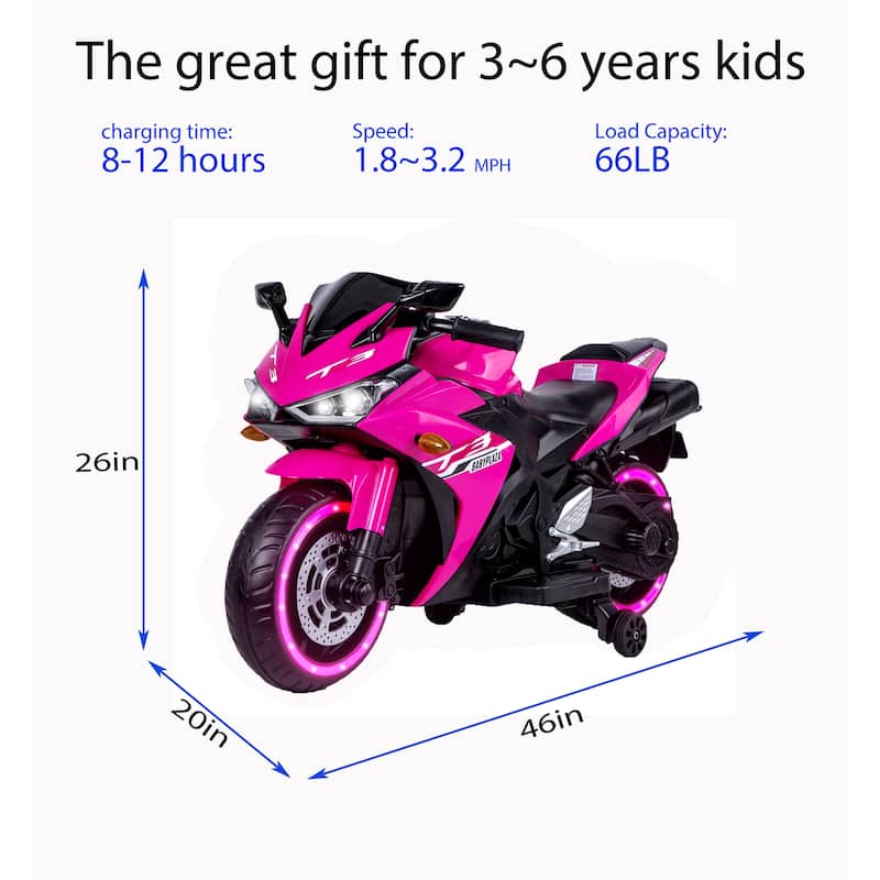 Electric Motorcycle with LED Display, Pink Children's Ride-On Motorcycle with Illuminated Tires, Child Carriage with Handle
