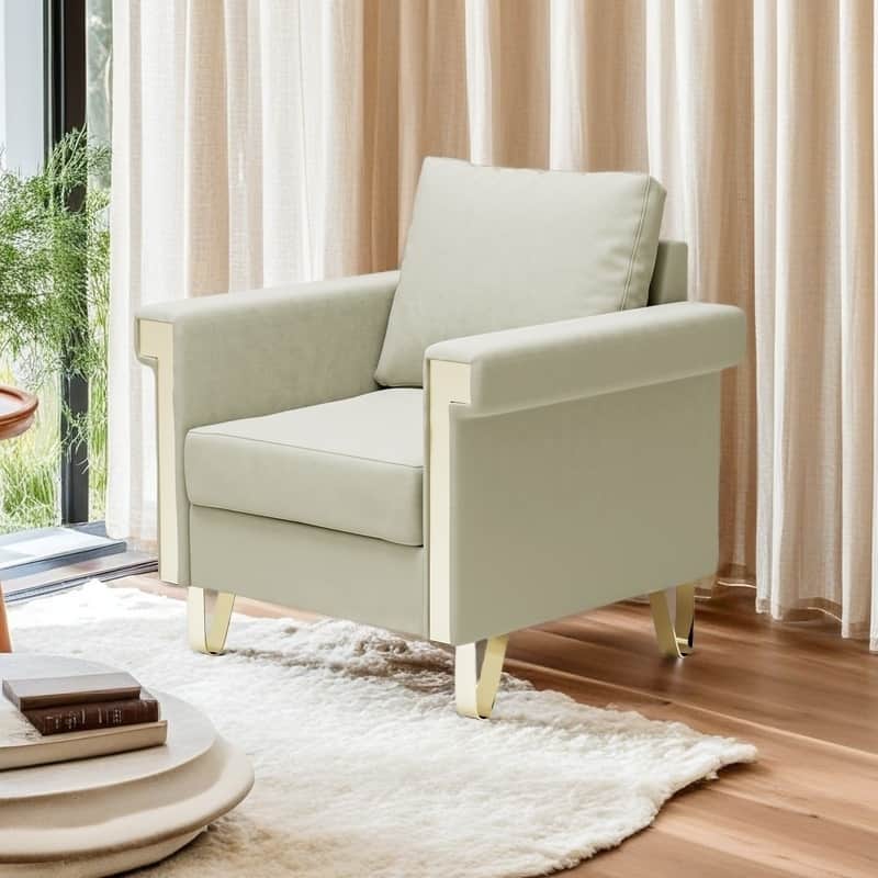 Velvet Accent Chair with Metal Legs - Cream White