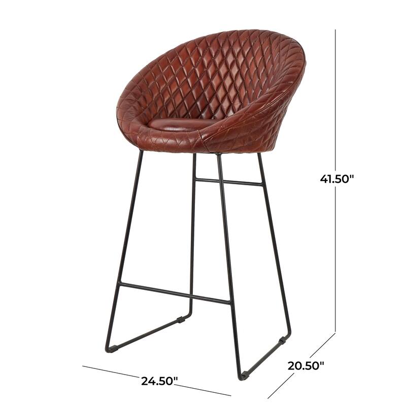 Brown Leather Round Diamond Tufted Bar Stool with High Back and Black Metal Legs (Set of 2)