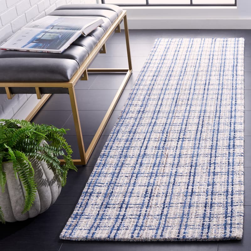 SAFAVIEH Handmade Abstract Subina Plaid Wool Rug - 2'3" x 8' Runner - Blue/Ivory