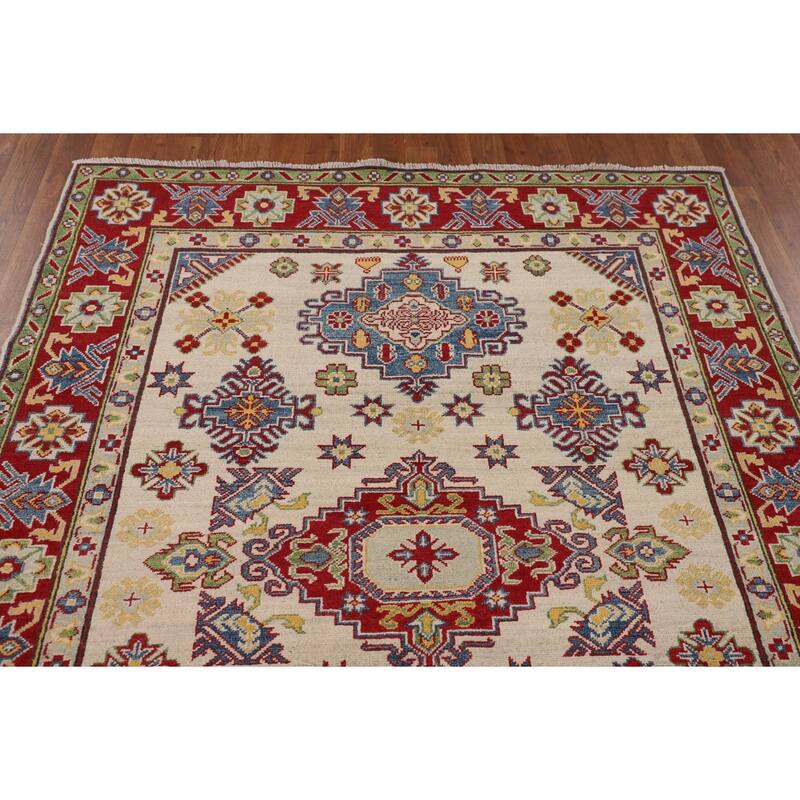 Beige Geometric Kazak Oriental Area Rug Hand-Knotted Wool Carpet - 5'1" x 6'6"