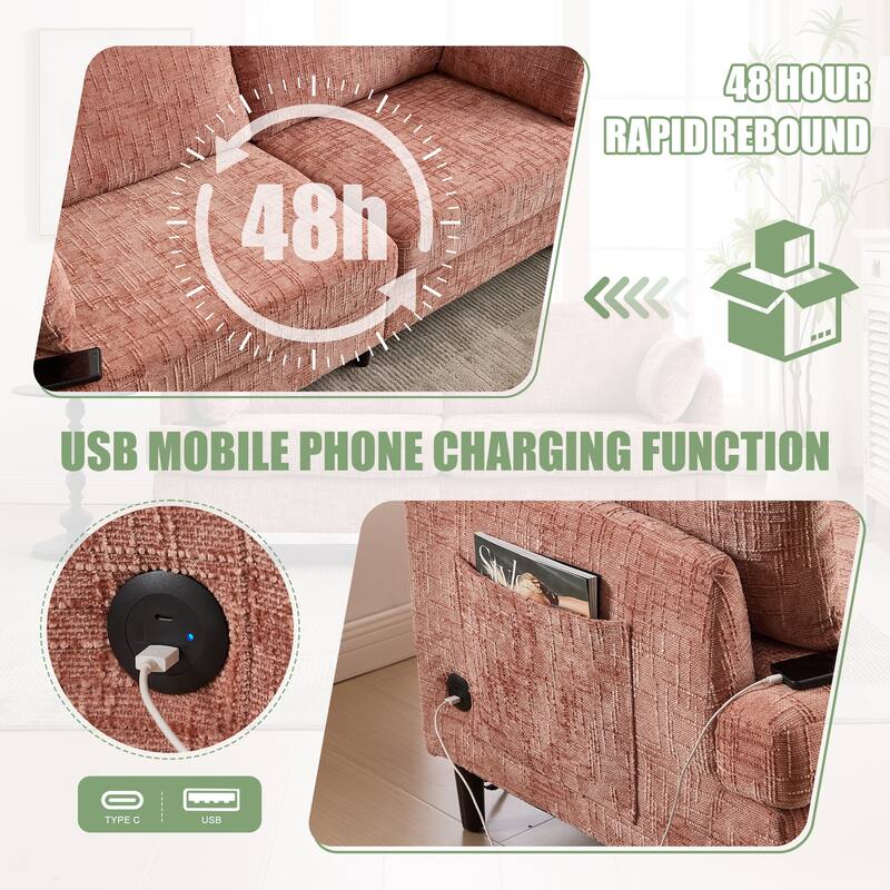 Modern Style Chenille 2-Seater Wood-Legged Sofa With Led Light, Usb Charging Port And Storage Bag Living Room Bedroom Study Room