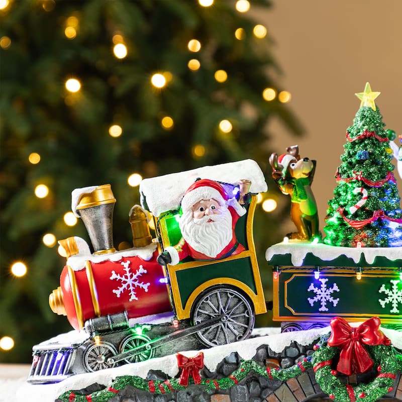 Glitzhome 20"L Lighted Christmas Santa Train Resin Village with Movement and Music