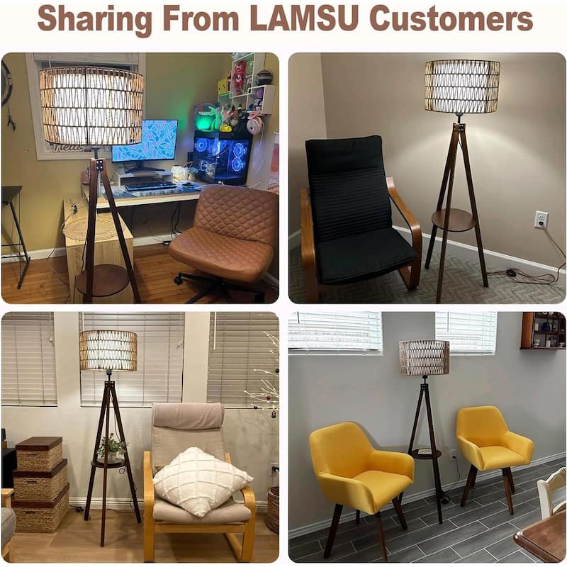 Tripod Floor Lamp with Shelves, Dual Lampshades, and Foot Switch