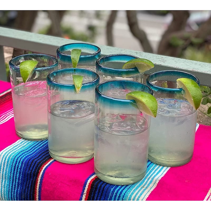 Dos Sueños Hand Blown Mexican Drinking Glasses - Set of 6 Glasses with Aqua Rims (14 oz each)