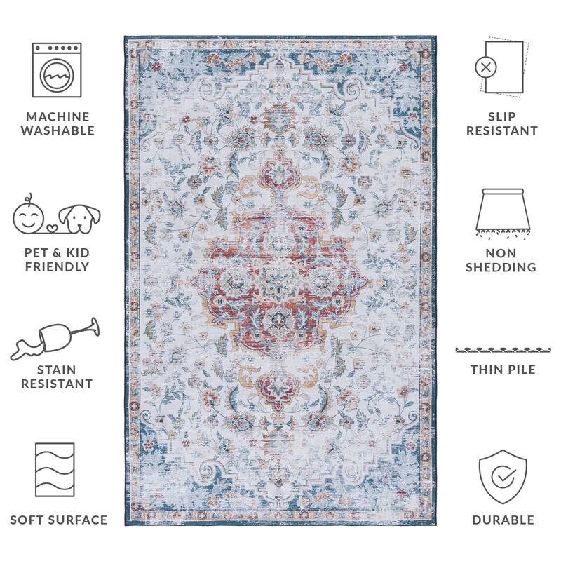 SAFAVIEH Tucson Machine Washable Slip Resistant Harmanda Oriental Medallion - 2' 6" x 4' - Grey/Rust - Rectangle