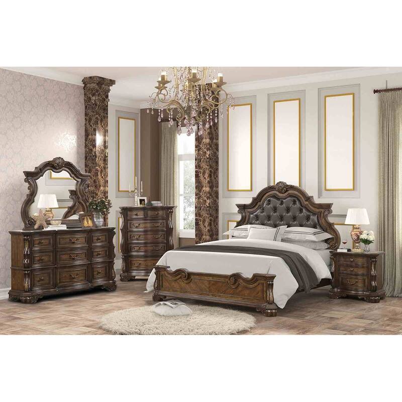 Dark Brown Traditional Bedroom Set with USB Nightstand Leatherette Headboard
