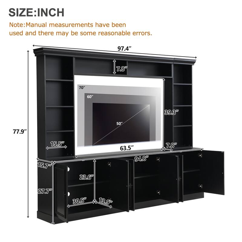 4-Piece Entertainment Center Wall Unit Set with Bridge for TVs Up to 70'', TV Stand W/Adjustable Shelves, Large Media Console