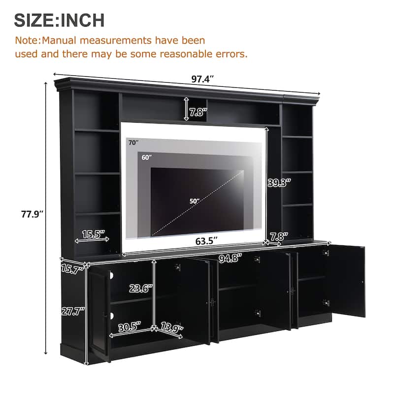 97.4"W Mid-Century TV Stand with Bookshelves, Adjustable Shelf & Bridge - Entertainment Center for TVs Up to 70"
