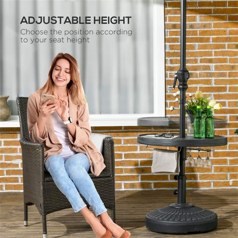 Black Umbrella Table with Wine Glass Holder and Foldable Towel Rack Waterproof HDPE Adjustable Patio Table for Pool Beach