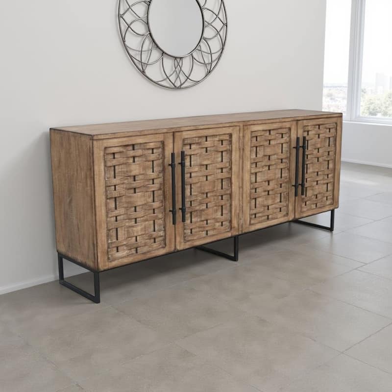 Osin Sideboard Buffet Cabinet, 4 Door, 83 Inch Antique Brown Pine Wood