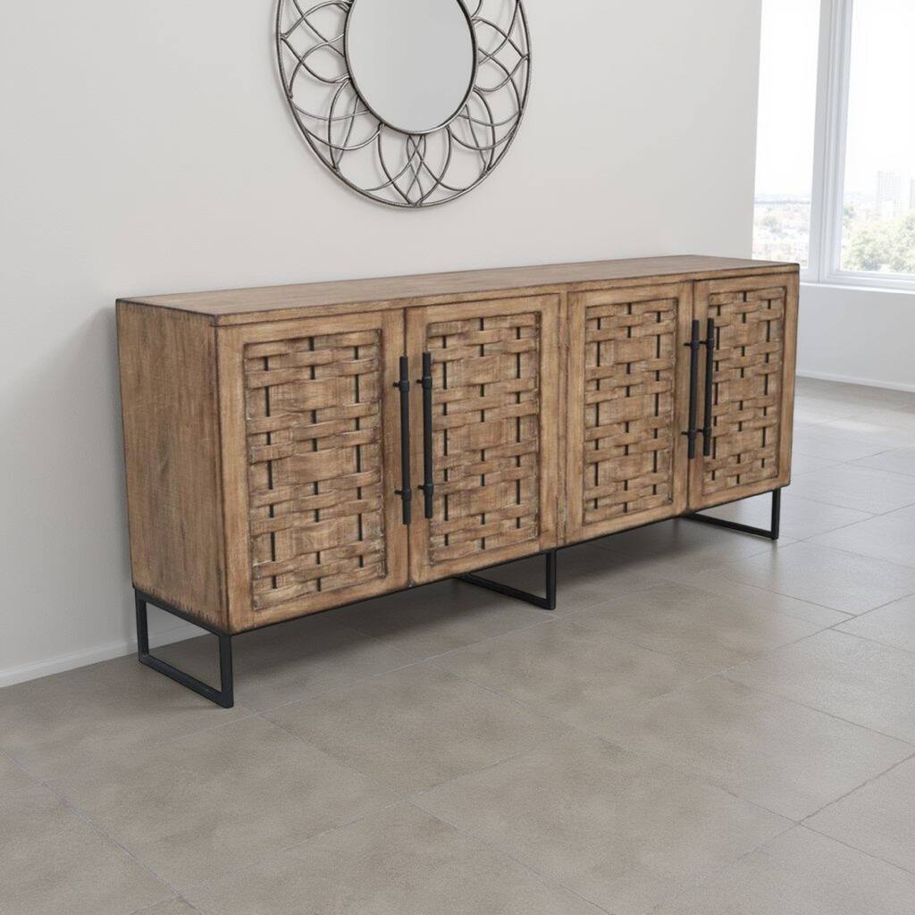 Osin Sideboard Buffet Cabinet, 4 Door, 83 Inch Antique Brown Pine Wood
