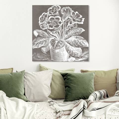 Wynwood Studio 'Potted Primrose Woodblock' Floral and Botanical Wall Art Canvas Print Florals - Gray, White