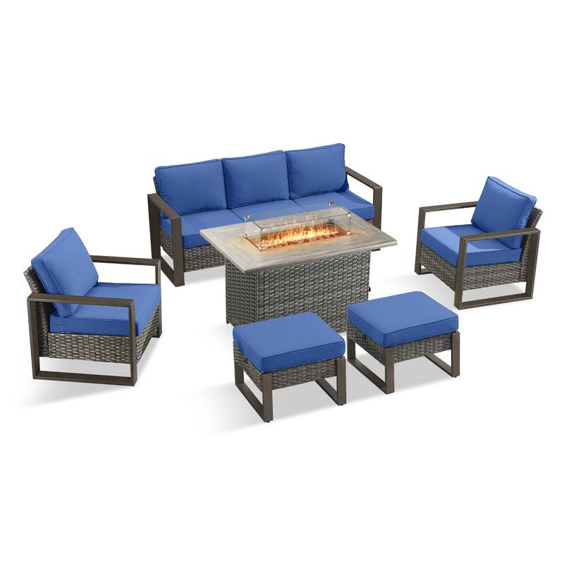 Pocassy Outdoor Wicker Sofa Patio Chair with Fire Table Set