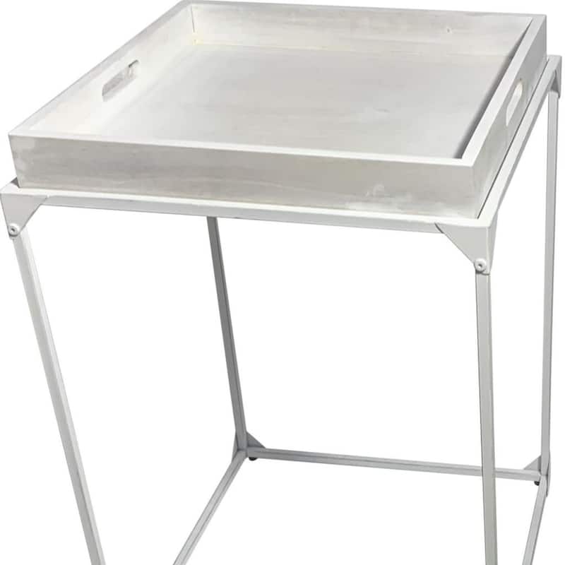 HomeRoots 29" White Solid Wood and Iron Square Tray Style End Table - 20 in. x 28.5 in. x 20 in.