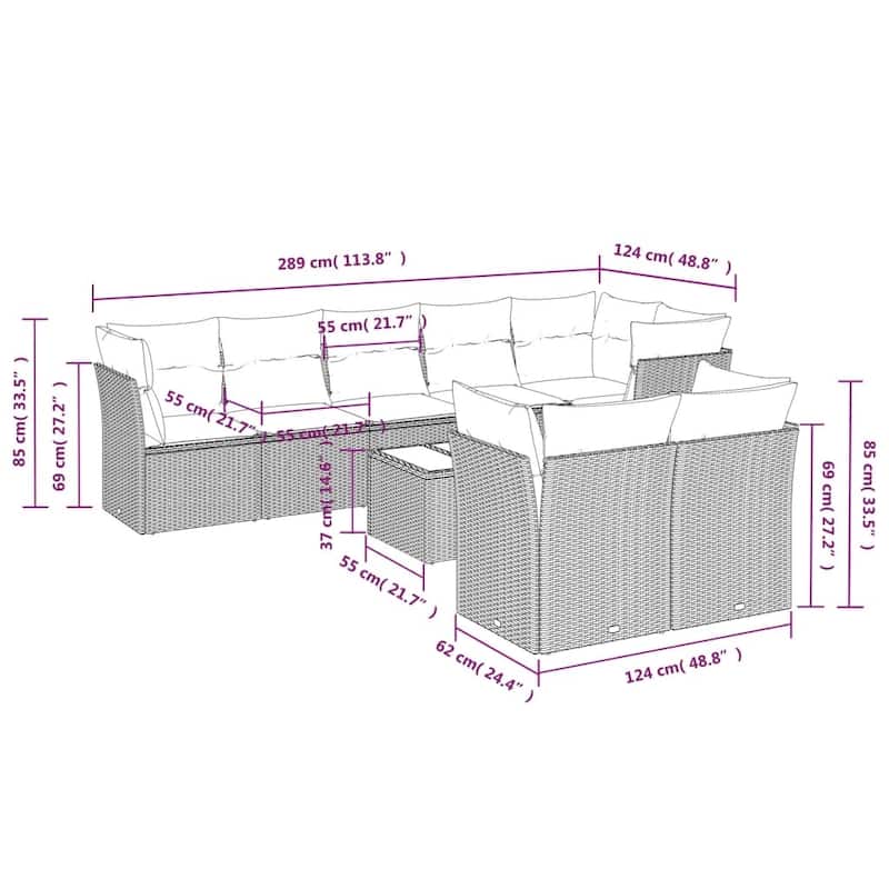 vidaXL 8/9 Piece Patio Sofa Set with Cushions Brown/Gray Poly Rattan - 21.7 x 24.4 x 27.2