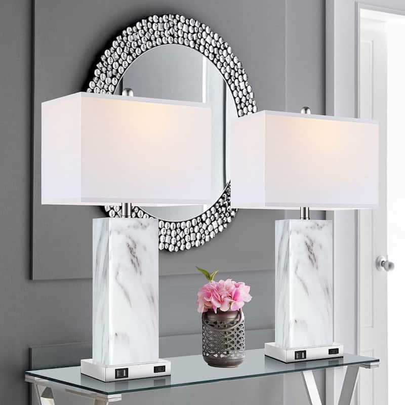 Touch Control Table Lamps Set of 2,2 USB Ports 1 AC Outlet,3-Way Dimmable Lamp with Fabric Shade (LED Bulbs Included)