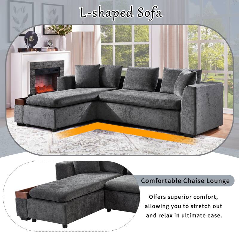 Sectional L-shaped Gray Chenille Sofa with Wooden Storage, 94"L x 61"W x 31"H, 187lbs