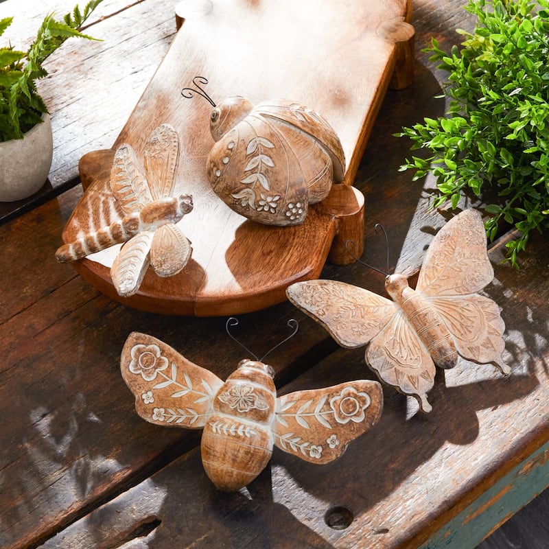 Etched Floral Insect Shelf Sitter Decorations - 7" - Brown - Set of 4