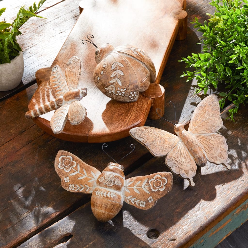 Etched Floral Insect Shelf Sitter Decorations - 7" - Brown - Set of 4
