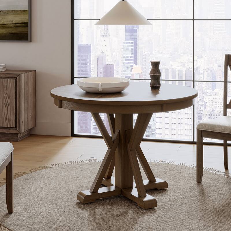 Felicia Farmhouse Natural Solid Wood Round Cross-buck Base Dining Table for 4 by HULALA HOME