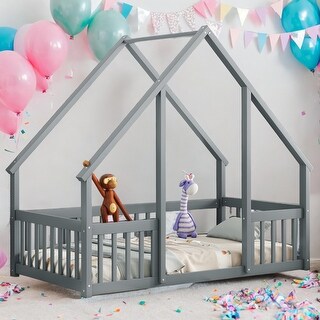 Twin Size Wood House-Shaped Floor Bed with Fence and Guardrails, Grey