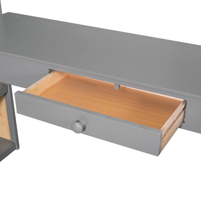 Wood Twin/Full Size Loft Bed with Built-in Desk and Shelves, Twin/Full Bedframe w/Full-Length Guardrails, for Kids Teens Adult