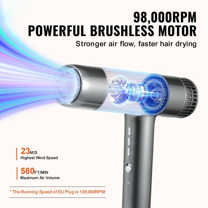 Professional Hair Dryer Lightweight Salon Hair Blow Dryers with Nozzles & Diffuser for Home Travel - 98,000 rpm