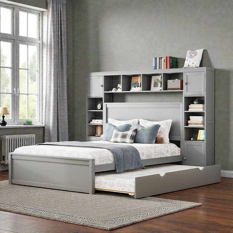 Wooden Platform Bed with Storage Headboard, Drawers, Twin Trundle and Built-In Outlets - Grey - Queen