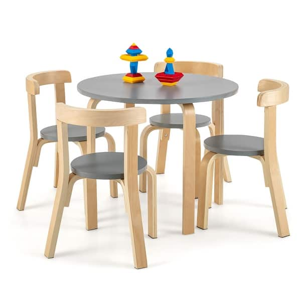 slide 2 of 10, Gymax 5-Piece Kids Wooden Curved Back Activity Table & Chair Set w/Toy Grey